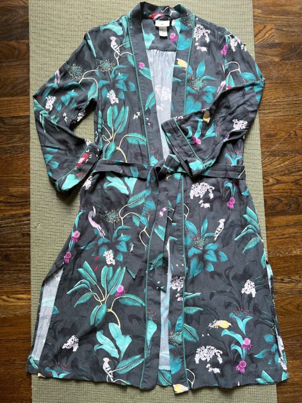 Anna Glover x H&M Green Prints Floral Birds Belted Kimono Dress Jacket Sz:XS